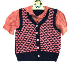 VTG 1940s Girls Hand Knit Sweater Vest Blouse Pink Blue Pattern WWII Sz 8 - $67.27