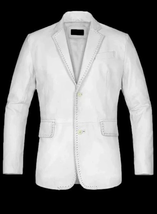 White Leather Blazer Men Pure Lambskin Coat Jacket 2 Button Size S M L XL XXL - £122.64 GBP