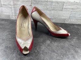 Vtg Polina Ferragamo Jason Heels Women 7 S Narrow Shoes Red Beige Leathe... - $37.44