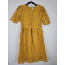 Tea &amp; Rose Midi Dress Small Womens Mustard Yellow Short Sleeve Lace Overlay - £16.51 GBP