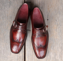 Handmade Men Burgundy WingTip Brogue Leather Monk Strap Shoes, Men Desig... - £114.55 GBP+