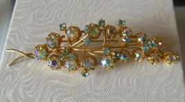 Vintage Signed Austria Faceted AB &amp; Blue Stone Prong set floral Brooch - £29.61 GBP