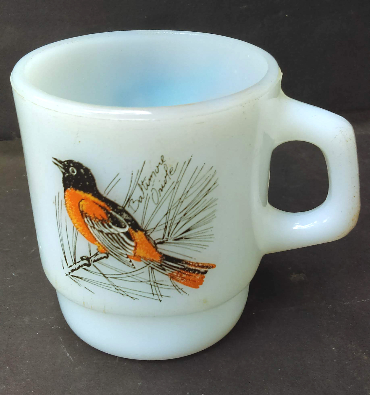 Vtg Anchor Hocking Fire King Milk Glass Baltimore Oriole & Blue Jay Coffee Mug - $14.99