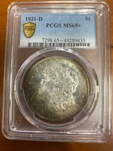 1921-D $1 Silver Morgan Dollar Graded by PCGS as MS-65+ Rim Toning - £545.12 GBP