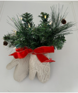 Holiday Lighted Hanging White Knit Mittens with Greenery Wall Decor 20&quot; - £35.55 GBP