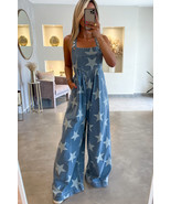 Star Print Buttoned Strap Pleat Wide Leg Denim Overall - $45.48