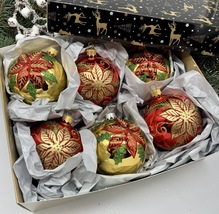 Set of red and gold Christmas glass balls, hand painted ornaments with box - £56.02 GBP