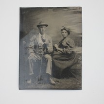 Tintype Photo Young Woman &amp; Man in Hat Sitting with Cane  Antique 1890s - £31.41 GBP