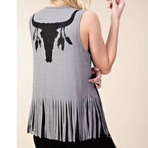 Open Front Draped Vest with Fringe Hem and Bullhead Print in Grey Small - $41.58