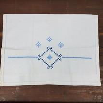 Vintage Tea Towel Embroidery 22x15&quot; Inch White w/ Blue Stitching - £13.44 GBP