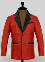 Red Leather Blazer Men Pure Lambskin Black Lapel 2 Button Size S M L XL XXL 3XL - £111.83 GBP