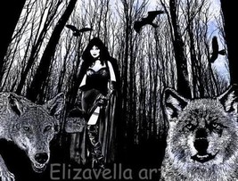 witch in dark forest wolf pack original art fantasy print 8x10 inch semi gloss  - £7.98 GBP