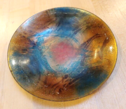 1960s Abstract Enamel on Copper Dish signed Green Brown Orange 6 3/4&quot; Retro MCM - £15.60 GBP