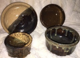 Hand Thrown Studio Pottery Bowls Brown Tan Drip Glaze Matte Signed - £15.67 GBP