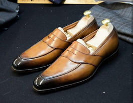 New Men&#39;s Handmade Tan Black Color Shoes, Men&#39;s Leather Slip On Loafer Formal Sh - £115.65 GBP
