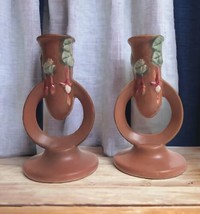 Pair of Vintage Roseville REPRODUCTION Fuschia Brown 5&quot; Candlesticks 1133-5 - £18.69 GBP