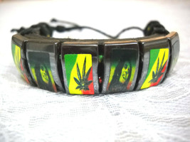 Bob Marley Pot Leaf Stickers On Hematite Beaded Brown Leather Adj Bracelet - £4.00 GBP