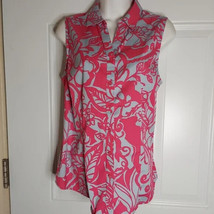 Charter Club Pink Gray Floral Button-Down Sleeveless Tunic Top Blouse Size 10P - £7.58 GBP