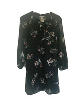 H&amp;M Black Floral Neck Tie Unlined Raglan Long Sleeve Straight Hem Shift Dress 0 - £19.41 GBP