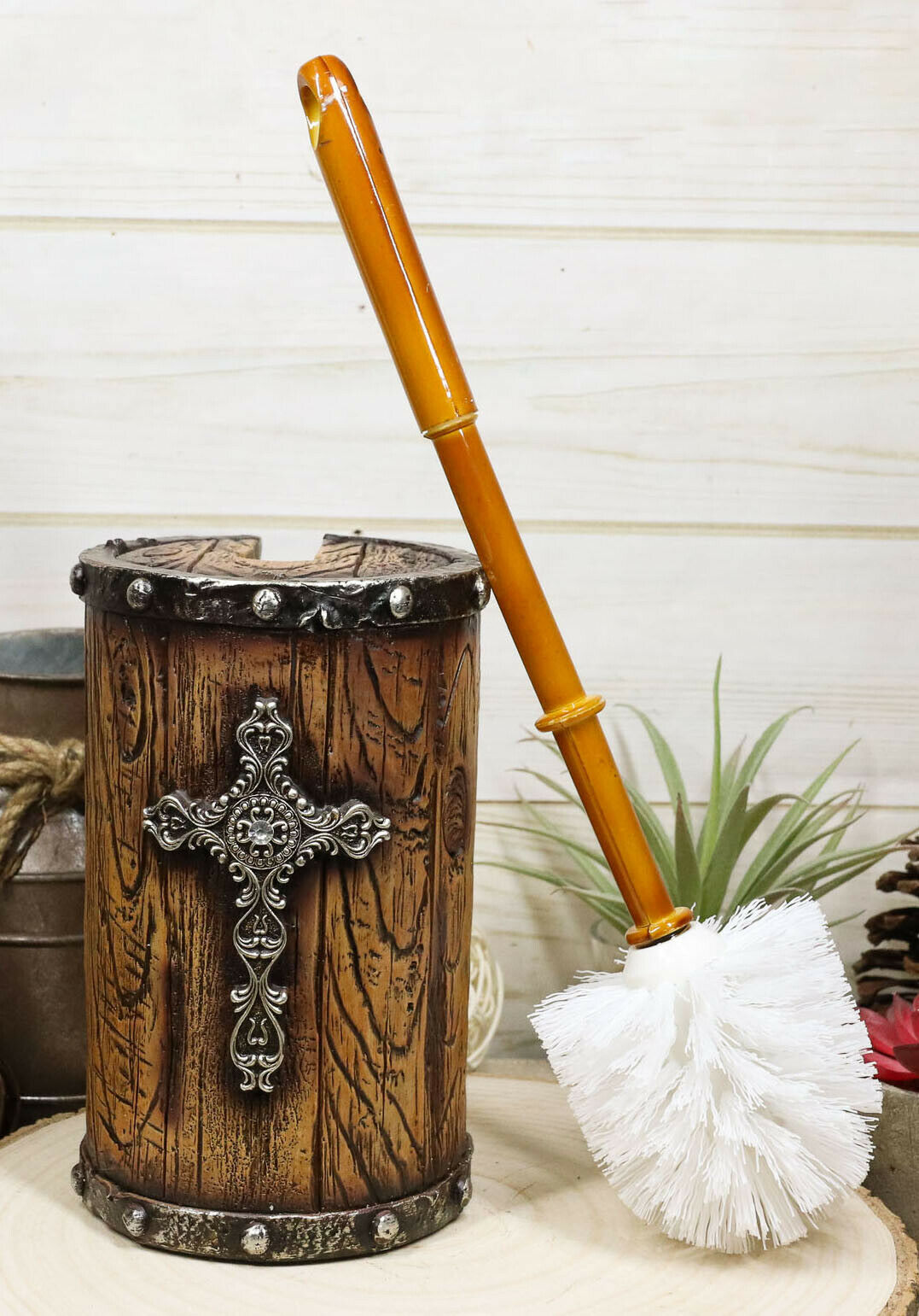 Country Rustic Western Silver Scroll Cross Faux Wood Toilet Brush And Holder Set - $25.99