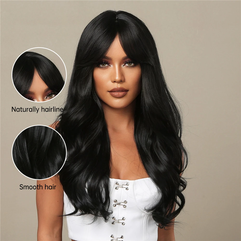 EASIHAIR Black Long Natural Wavy Synthetic Wigs with Bang Body Wave Brown Bla - £23.04 GBP+