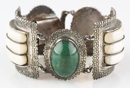 Vtg Mexican Silver Green/White (Jade/Quartz) Gemstone Cuff Bracelet 7&quot; 112.6 g - £265.03 GBP