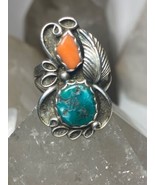 Turquoise ring Size 7 coral Navajo flower sterling silver - £99.68 GBP