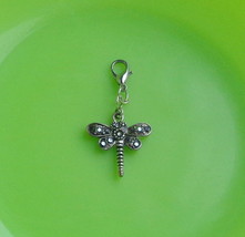 Antique Silver Tone Sparkly Black Marcasites? Dragonfly Charm Clip On Jewelry - £4.65 GBP