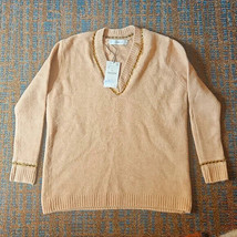 $50 nwt ZARA chainlink oversize sweater S Camel v-neck pullover knit tun... - £15.66 GBP