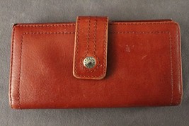 Designer Wallet FOSSIL Brick Red Leather Checkbook Wallet Silver Tone Metal - £16.44 GBP