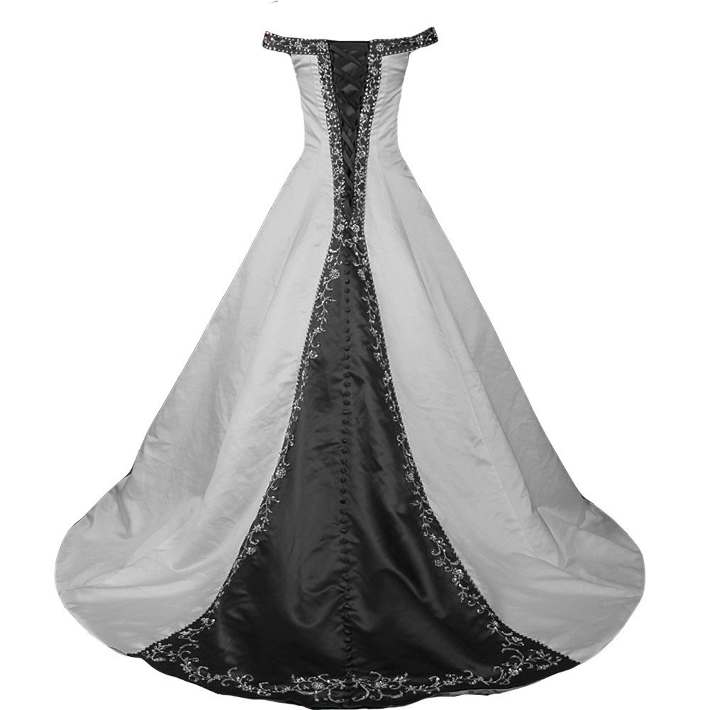 White and Black Off Shoulder A Line Embroidery Beaded Gothic Wedding Dress Long