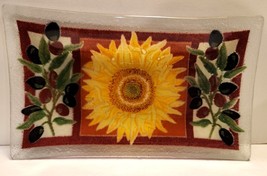 Peggy Karr Fused Glass Tuscany Tray 10&quot; Sunflower Olives Discontinued Boxed - $24.99