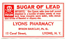 1 Antique Pharmacy Label SUGAR OF LEAD Poison Skull and Bones Lyons Pharmacy NY - £20.00 GBP
