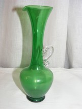 Vintage Emerald Green Art Glass 8&quot; Bud Vase Pitcher Applied Crystal Handle - $553.18 MXN