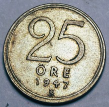 Sweden 25 Ore, 1947~Silver~Free Shipping #A22 - $6.26