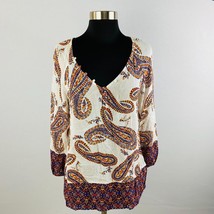 Lucky Womens Medium M Rayon Tan Orange Blue Paisley Bohemian Print Top - £15.28 GBP