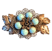 Vintage Art Deco Brooch Silvertone Filigree Aqua Blue Floral 3.5 In Tarn... - $46.74