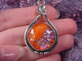 (#D-150-A) DICHROIC Fused GLASS Pendant SILVER ORANGE PINK YELLOW - $66.37