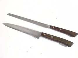 2 Vtg Flint Arrowhead Vanadium Knives USA 13” 14” Carving + Bread Wood Handles - £14.52 GBP
