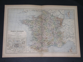 1887 Original Antique Map Of France / Vicinity Of Paris Inset Map. - £14.30 GBP