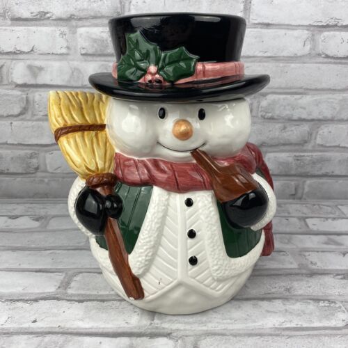 Primary image for Cookie Jar Frosty Snowman Winter Christmas Porcelain Hat Broom Pipe
