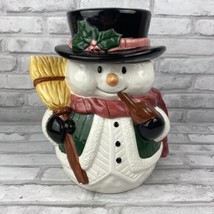 Cookie Jar Frosty Snowman Winter Christmas Porcelain Hat Broom Pipe - £25.31 GBP