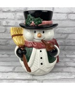 Cookie Jar Frosty Snowman Winter Christmas Porcelain Hat Broom Pipe - £25.46 GBP