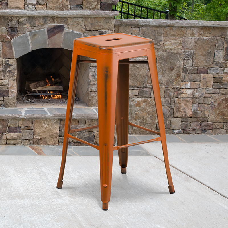 Distressed Orange Metal Stool ET-BT3503-30-OR-GG