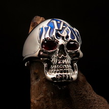 Men&#39;s Outlaw Biker Ring blue Flaming 1% Skull with CZ Eyes - Sterling Silver - £64.78 GBP