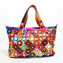 Women&#39;s Bag First Layer Leather One-Shoulder Crossbody Bag Color-Blocking Flower - £68.59 GBP