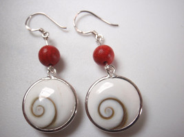 Round Shiva Eye and Coral 925 Sterling Silver Dangle Earrings - £15.09 GBP
