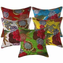 INDACORIFIE Kantha Cushion Cover 5 Pc Lot Indian Handmade Ethnic Cotton Floral K - £55.35 GBP