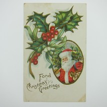 Christmas Postcard Santa Bag Toys Tree Snow Holly Berries Embossed Antique 1908 - £14.95 GBP