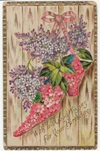 Vintage Postcard Birthday Shoe Full of Purple Flowers 1910 Gel Card - £6.22 GBP